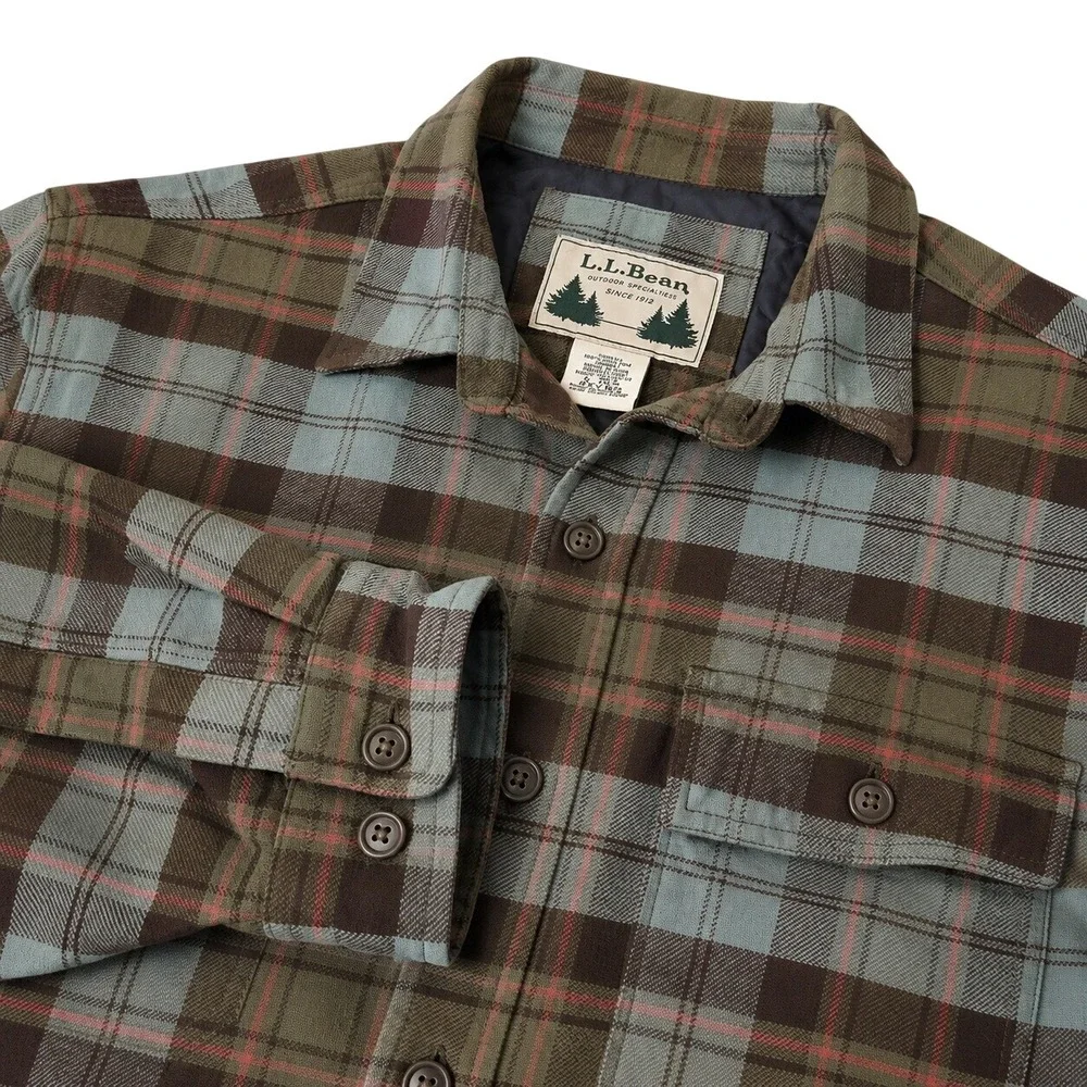 LL Bean Flannel Shirt Jacket Mens XL Blue Brown Plaid Quilted Insulated Lined